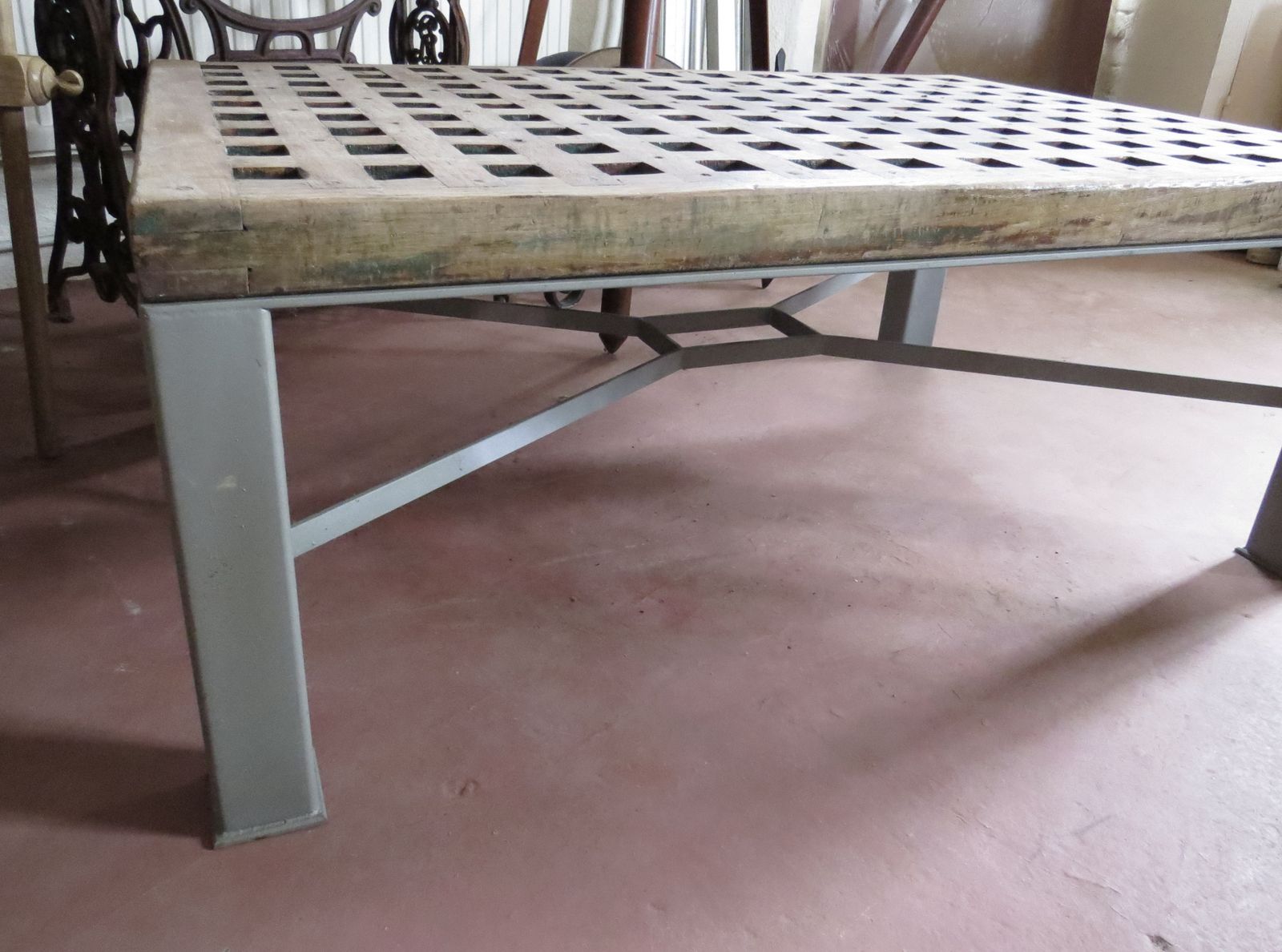 Industrial Garden Table. Teak Duck Grating Top With Steel Base. photo buy
