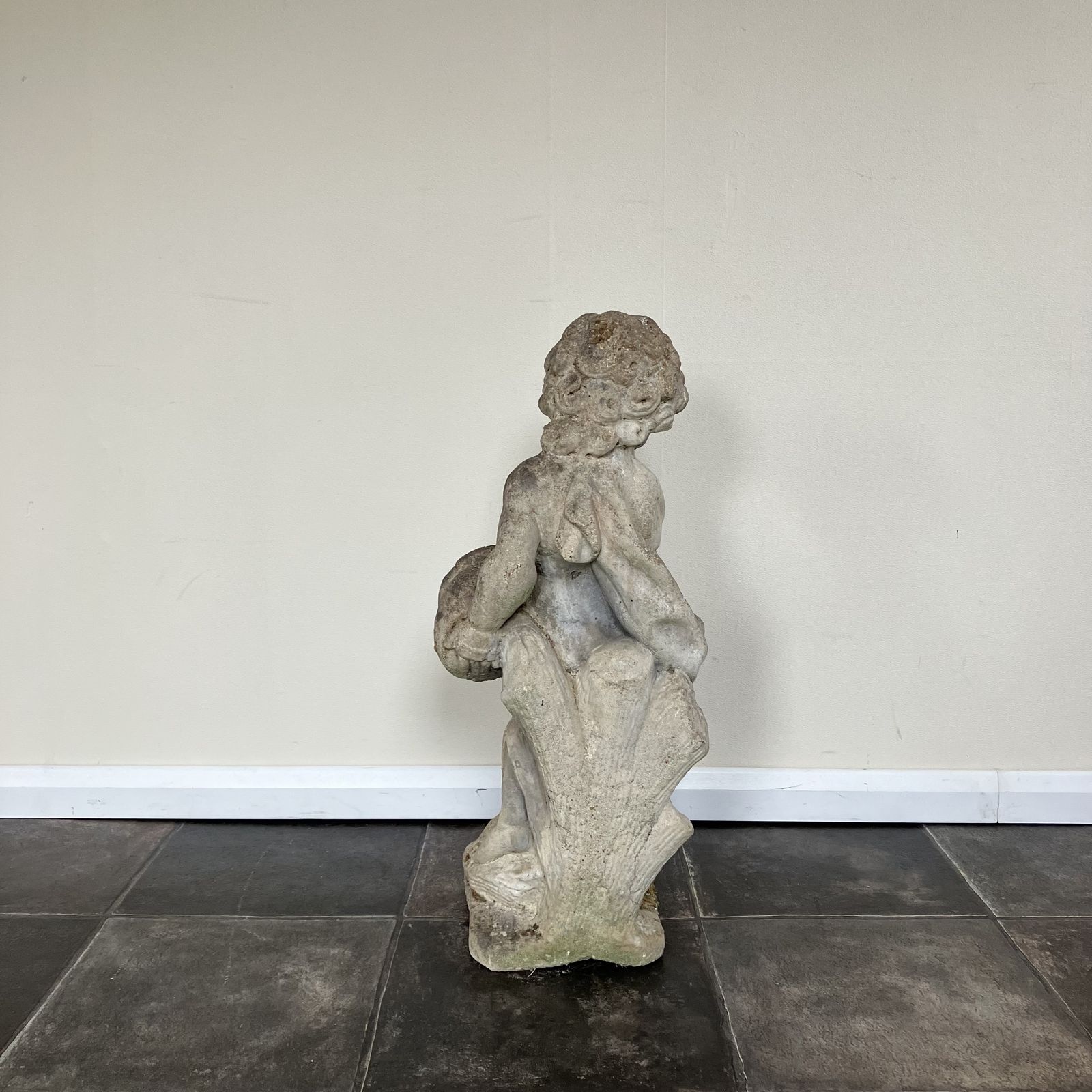 Vintage Weathered Reclaimed Cast Stone Garden Statue Cherub / Putto With Cymbals / Tambourine / Musical Instrument photo for sale
