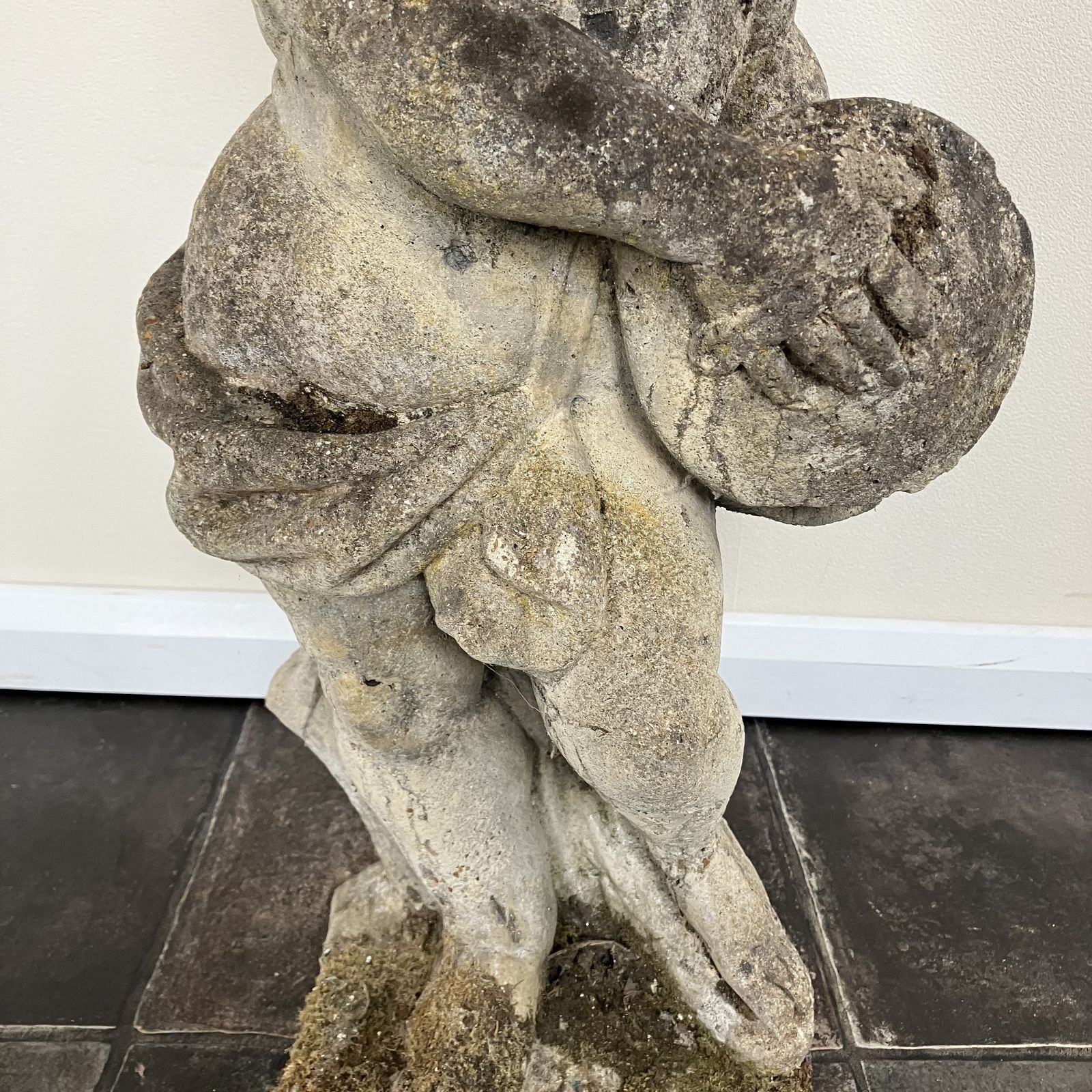 Garden Decor Vintage Weathered Reclaimed Cast Stone Garden Statue Cherub / Putto With Cymbals / Tambourine / Musical Instrument photo