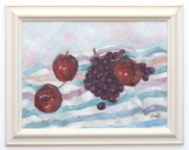 Original Signed Framed Oil Painting Fruits Red Apples Black Grapes Andi J Lucas