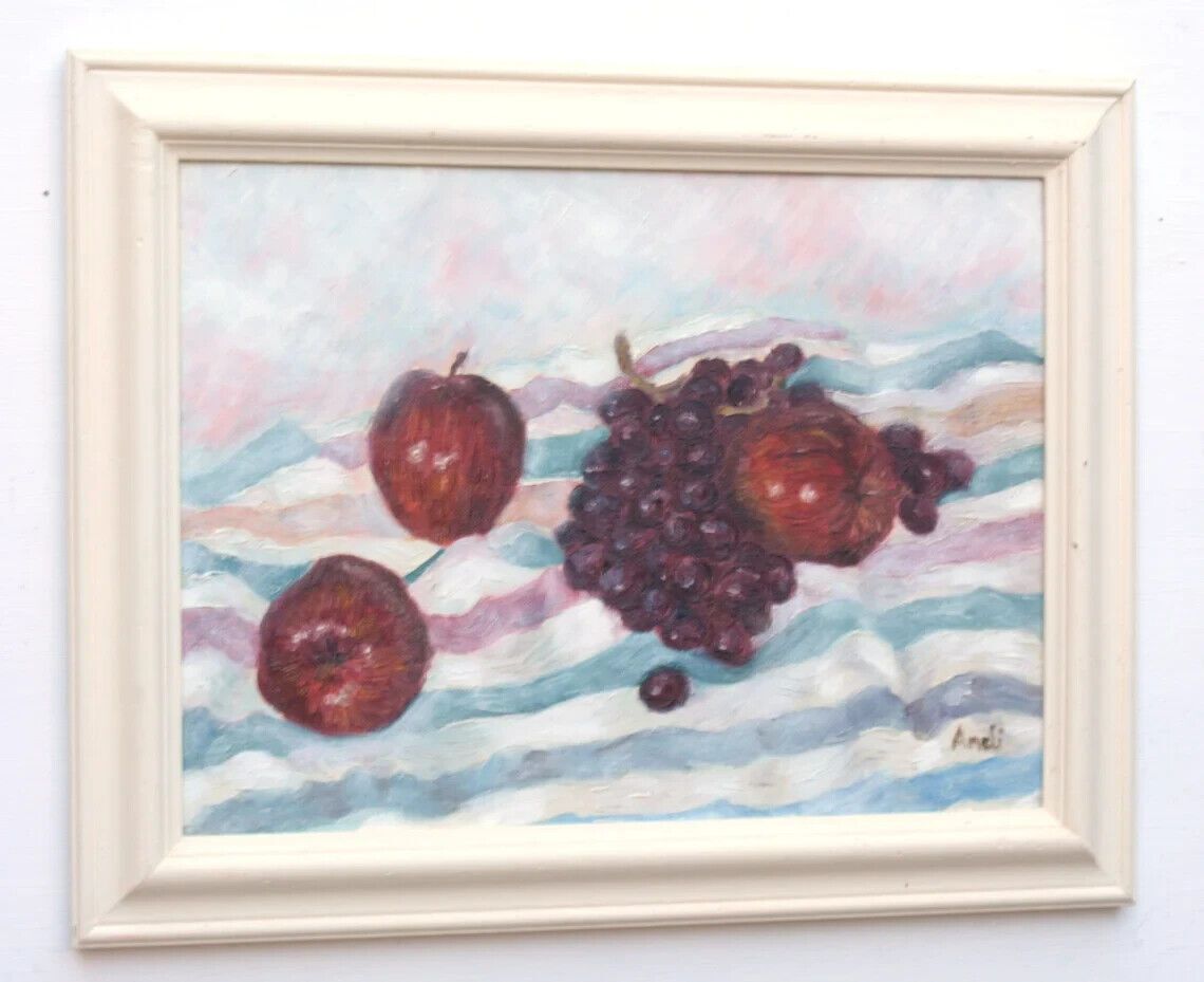 Original Signed Framed Oil Painting Fruits Red Apples Black Grapes Andi J Lucas photo vinterior