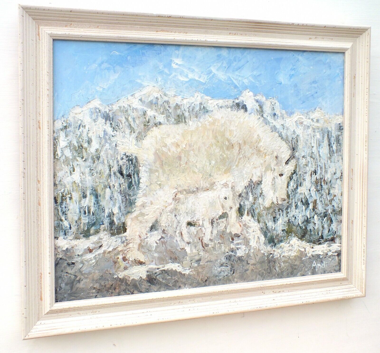 Mother & Kid Mountain Goats Original Painting  Signed Framed Andi J Lucas photo Art