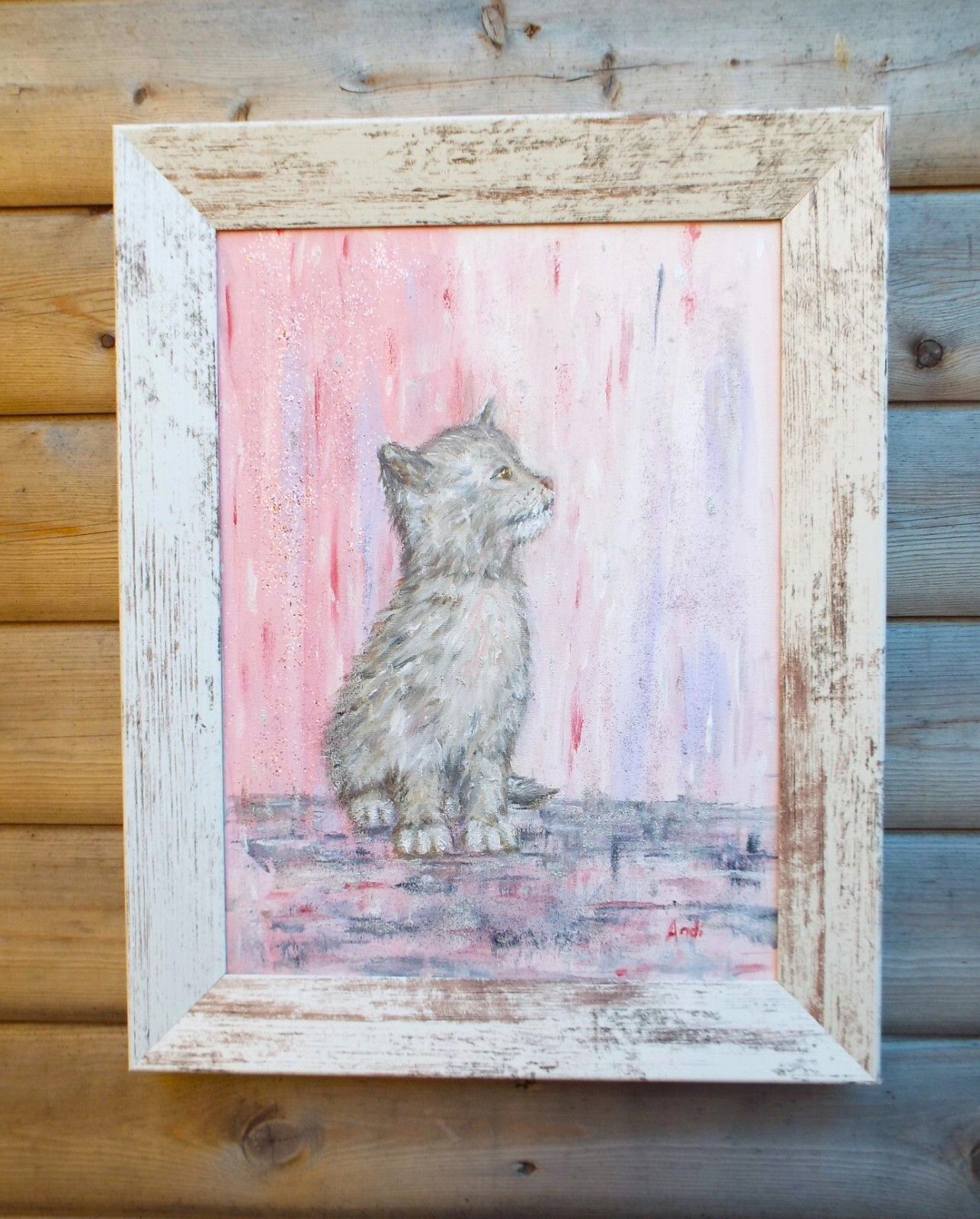 Grey Cat Kitten In Pink Rain Original  Framed Painting Andi J Lucas