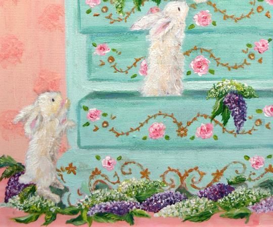 White Rabbits And Floral Lilacs Original Framed Painting Andi J Lucas photo for sale