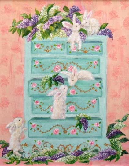 White Rabbits And Floral Lilacs Original Framed Painting Andi J Lucas photo vintage