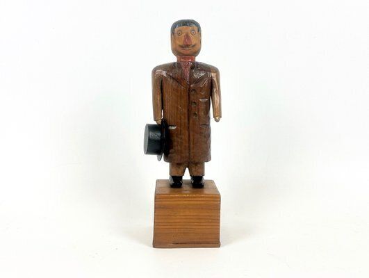 Home Decor Swedish Wooden Hand Carved Man With Hat Sculpture With Money Box, 1910s photo