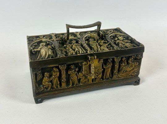 Antique Gothic Revival Bronze Jewelry Box With Religious Scenes, 19th Century photo Home Decor