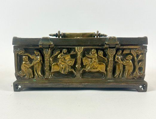 Antique Gothic Revival Bronze Jewelry Box With Religious Scenes, 19th Century photo 555.0