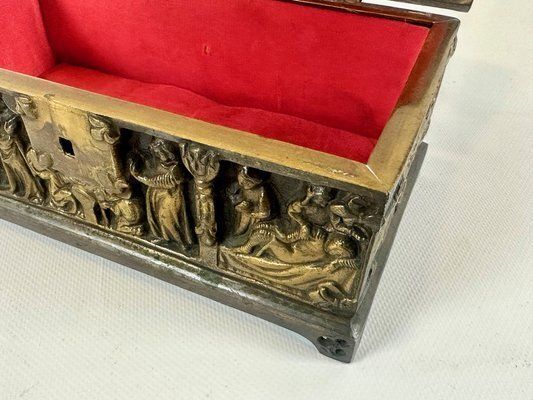 photo buy Antique Gothic Revival Bronze Jewelry Box With Religious Scenes, 19th Century