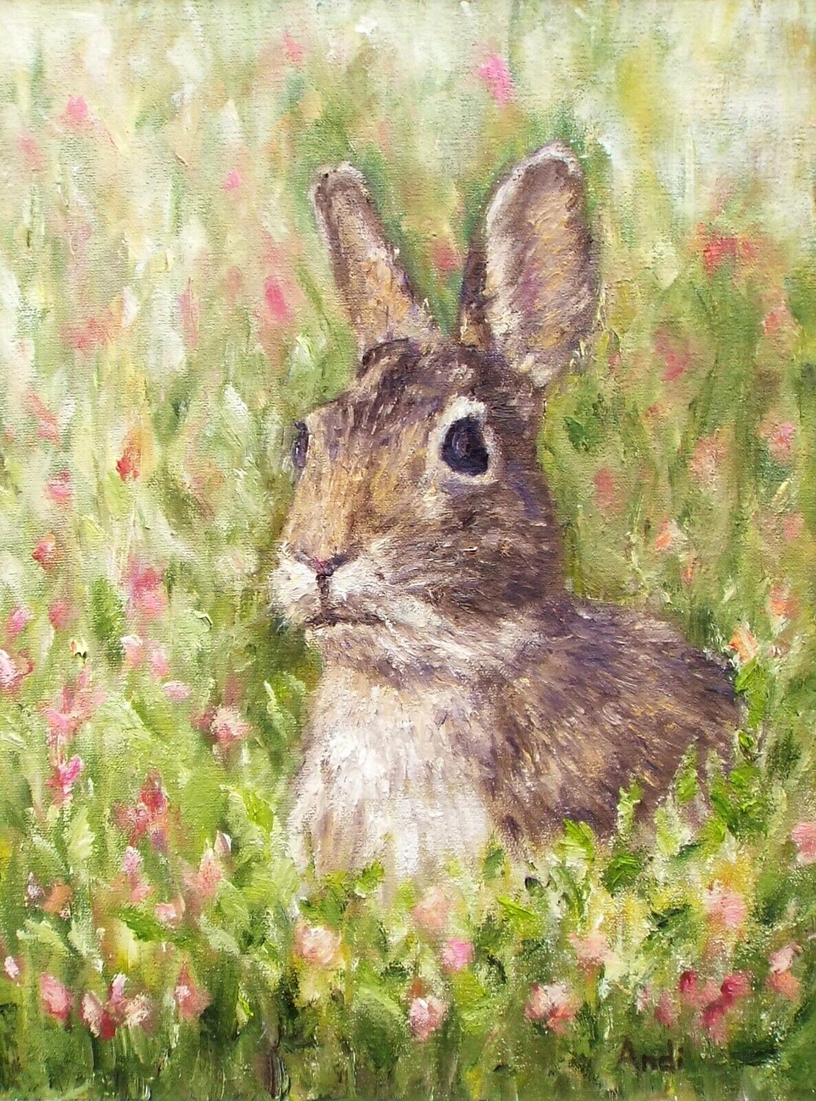 Hare Portrait In Floral Meadow Original Oil Painting Signed Framed Andi J Lucas photo furniture