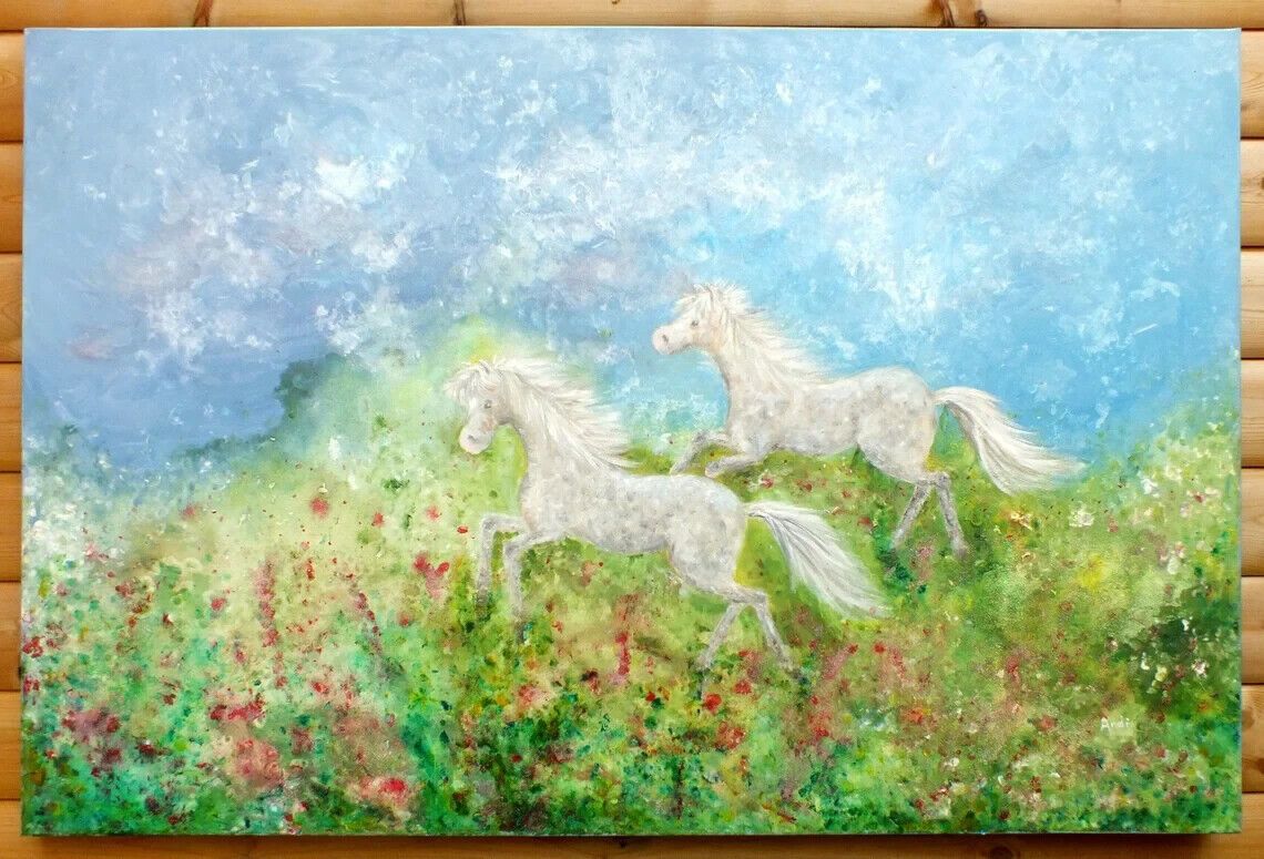 Extra Large Dappled Horses Fantasy Landscape Original  Painting Andi J  Lucas