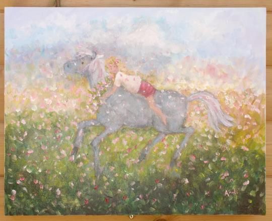 Girl Child And Pony Horse Flower Fantasy Landscape Original Painting Andi  Lucas photo furniture