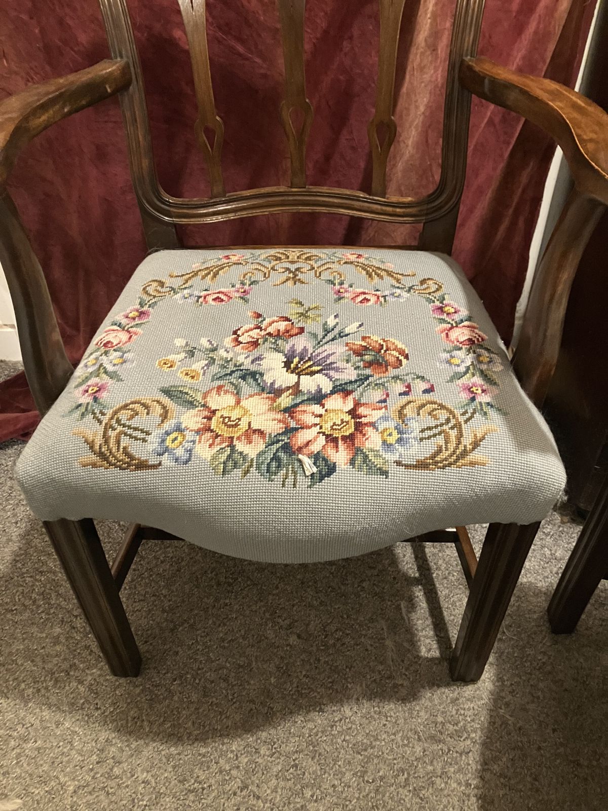 English Georgian Elm And Oak Carver Dining Chairs With Later Upholstered Floral Crotchet Seats photo for sale