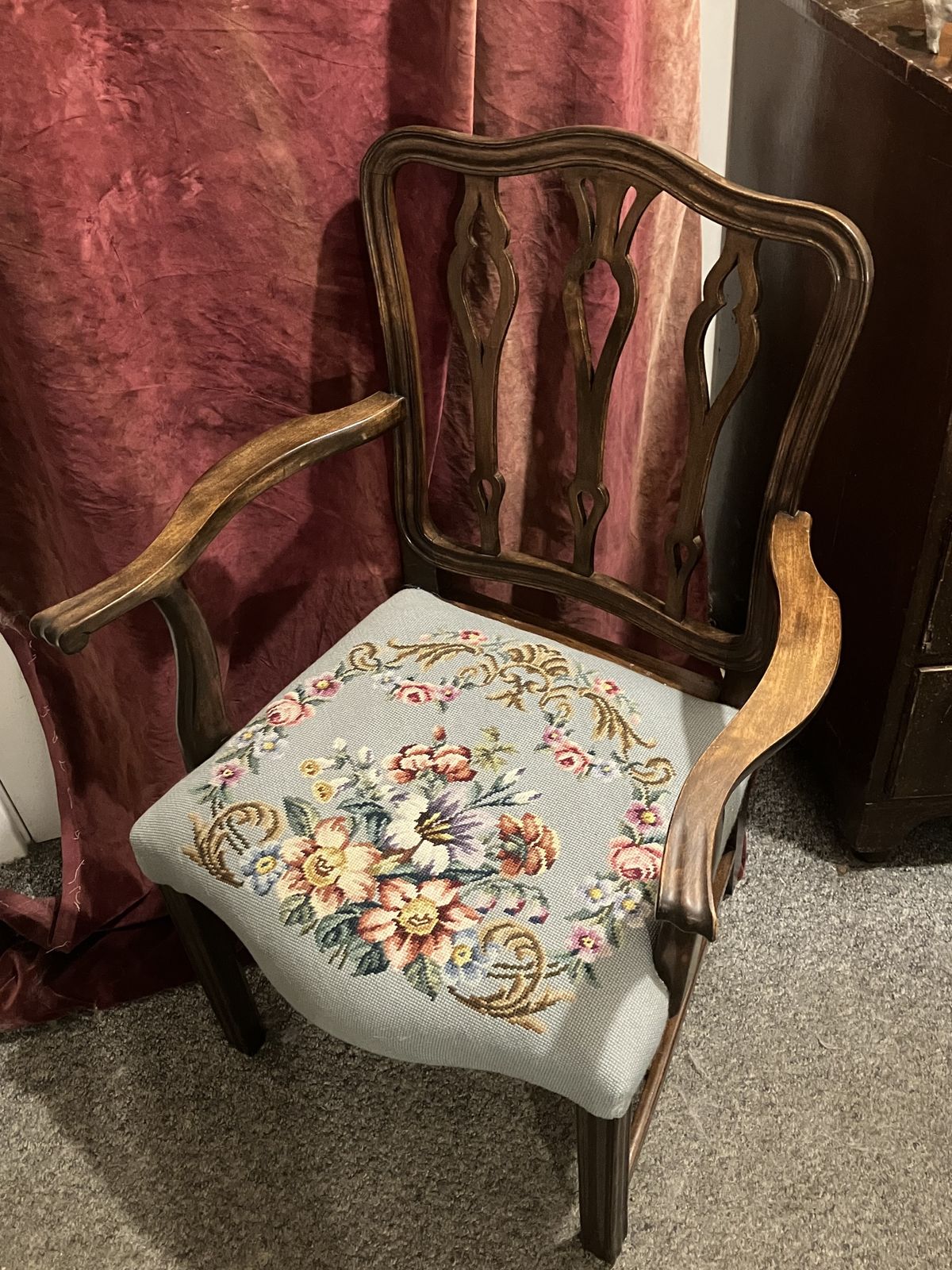 English Georgian Elm And Oak Carver Dining Chairs With Later Upholstered Floral Crotchet Seats photo vinterior