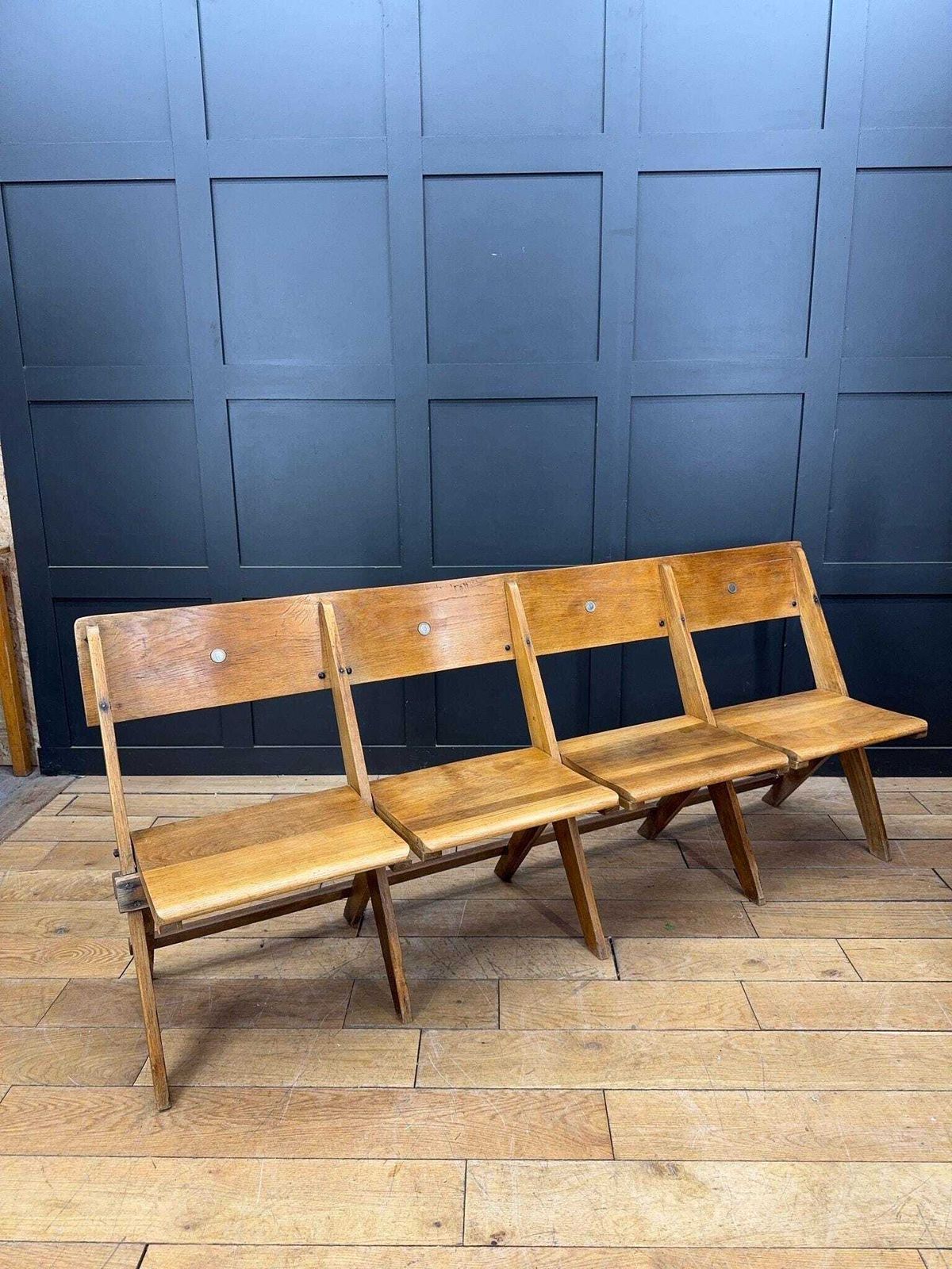 Salvaged Antique Oak Church Chairs Bench Seat / Hallway Folding Seating photo for sale