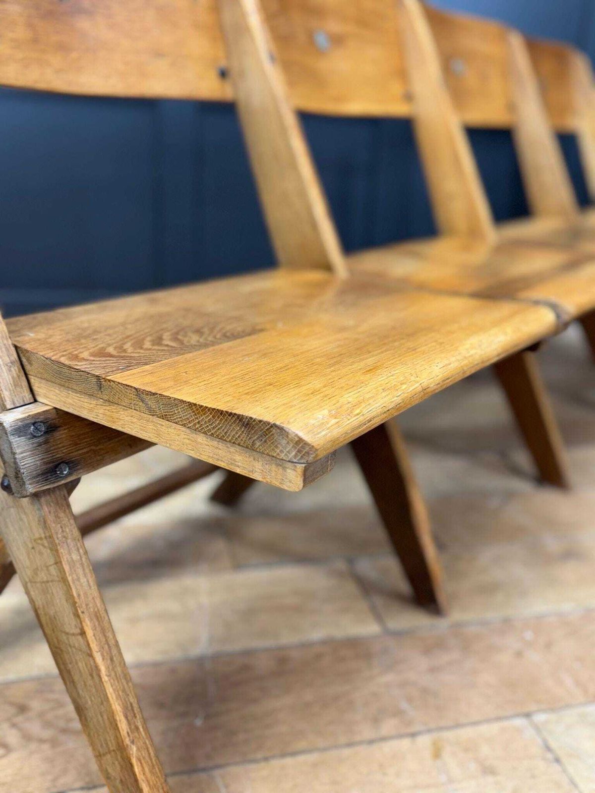Salvaged Antique Oak Church Chairs Bench Seat / Hallway Folding Seating photo 850.0