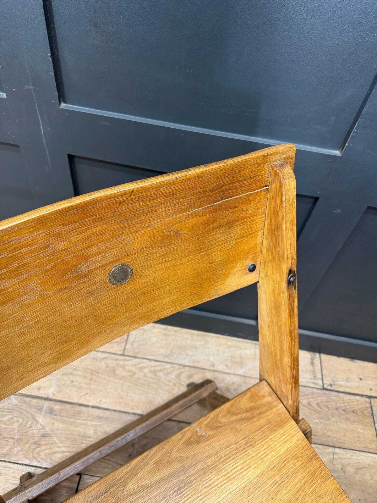 Salvaged Antique Oak Church Chairs Bench Seat / Hallway Folding Seating photo vinterior