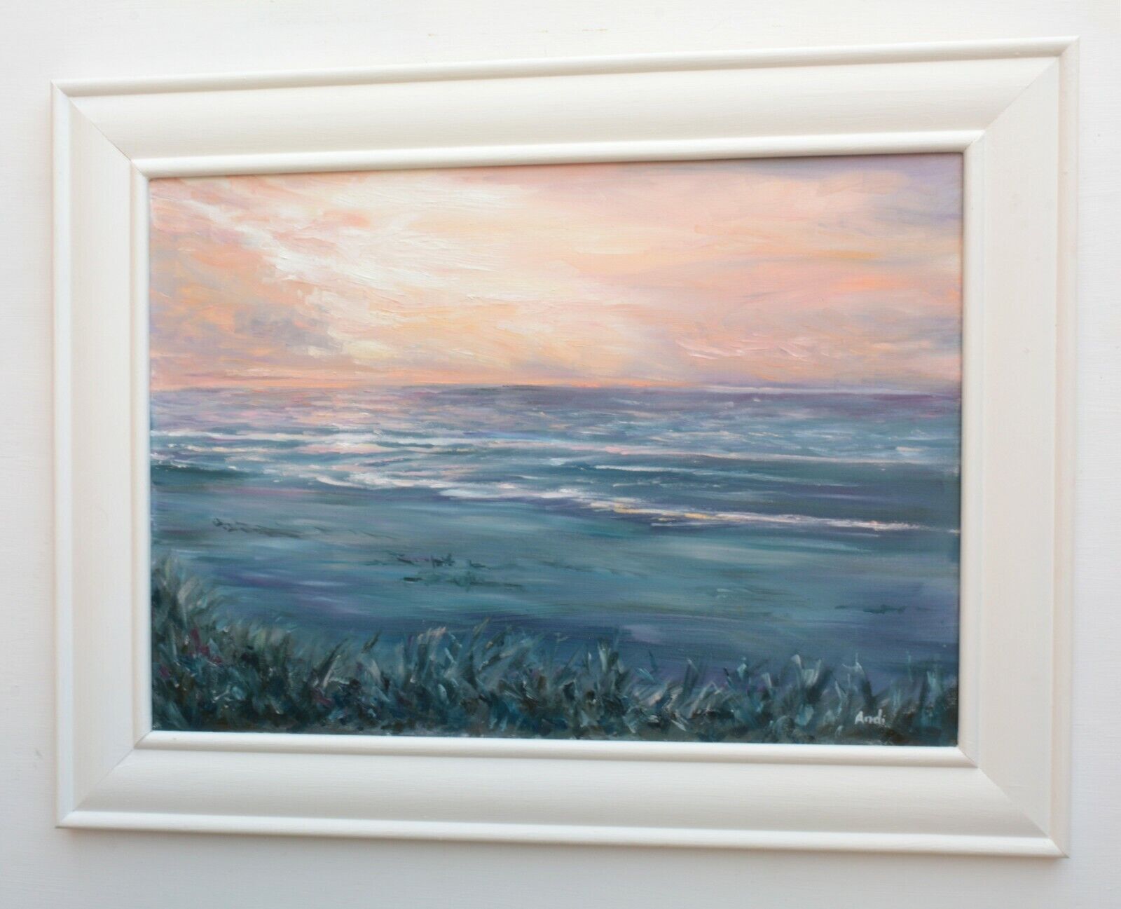 Normandy French Beach Sunset Seascape Oil Painting Wall Art Framed Andi J Lucas photo Art