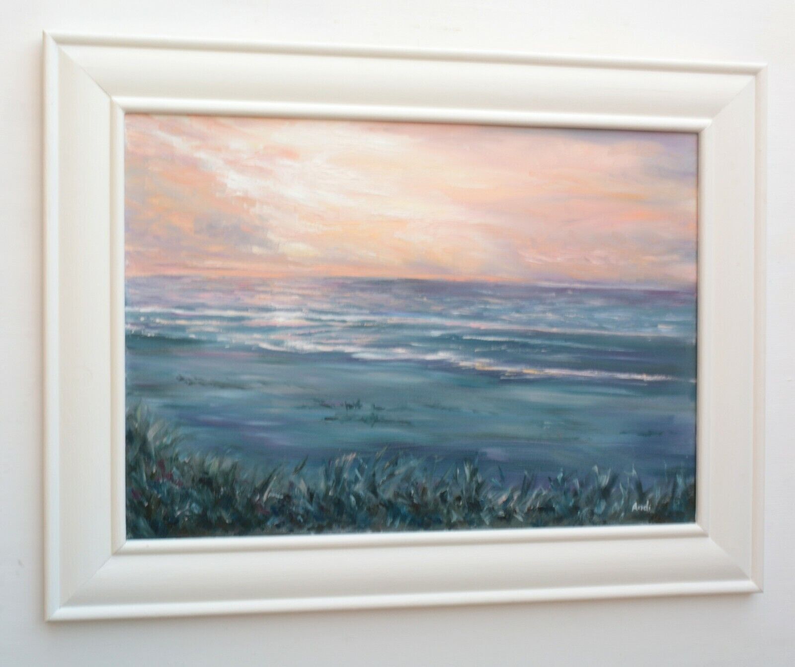 Normandy French Beach Sunset Seascape Oil Painting Wall Art Framed Andi J Lucas photo 464.0