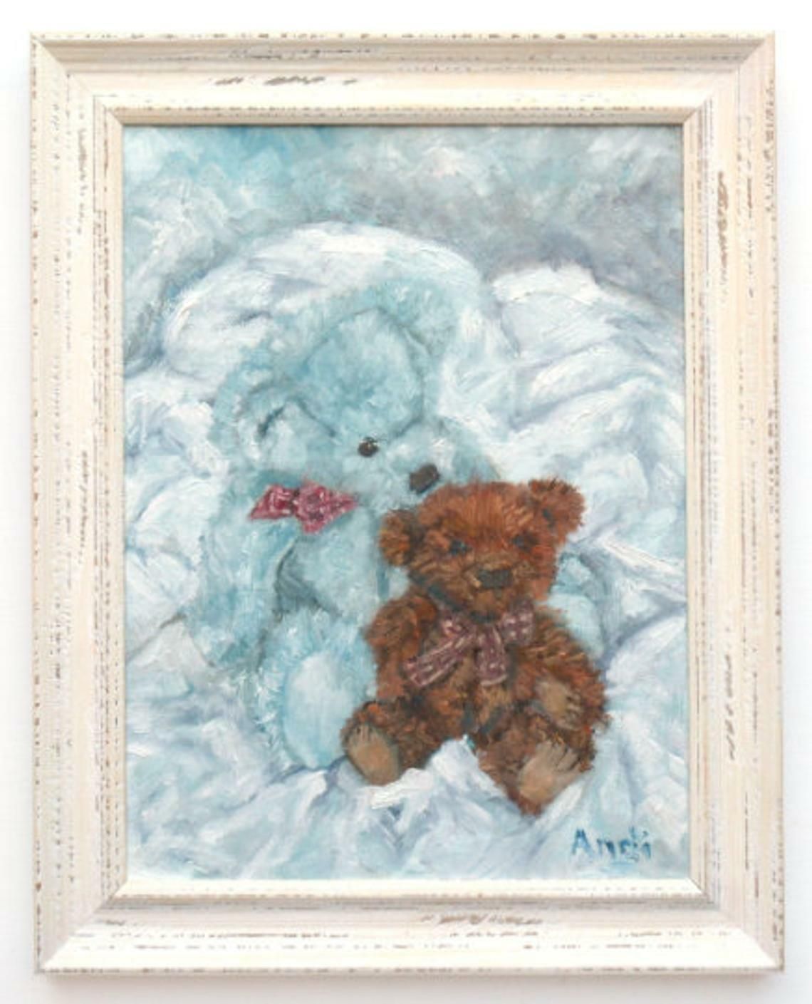 Original Framed Oil Painting Pale Blue & Brown Teddy Bears Teddies Andi J Lucas photo furniture