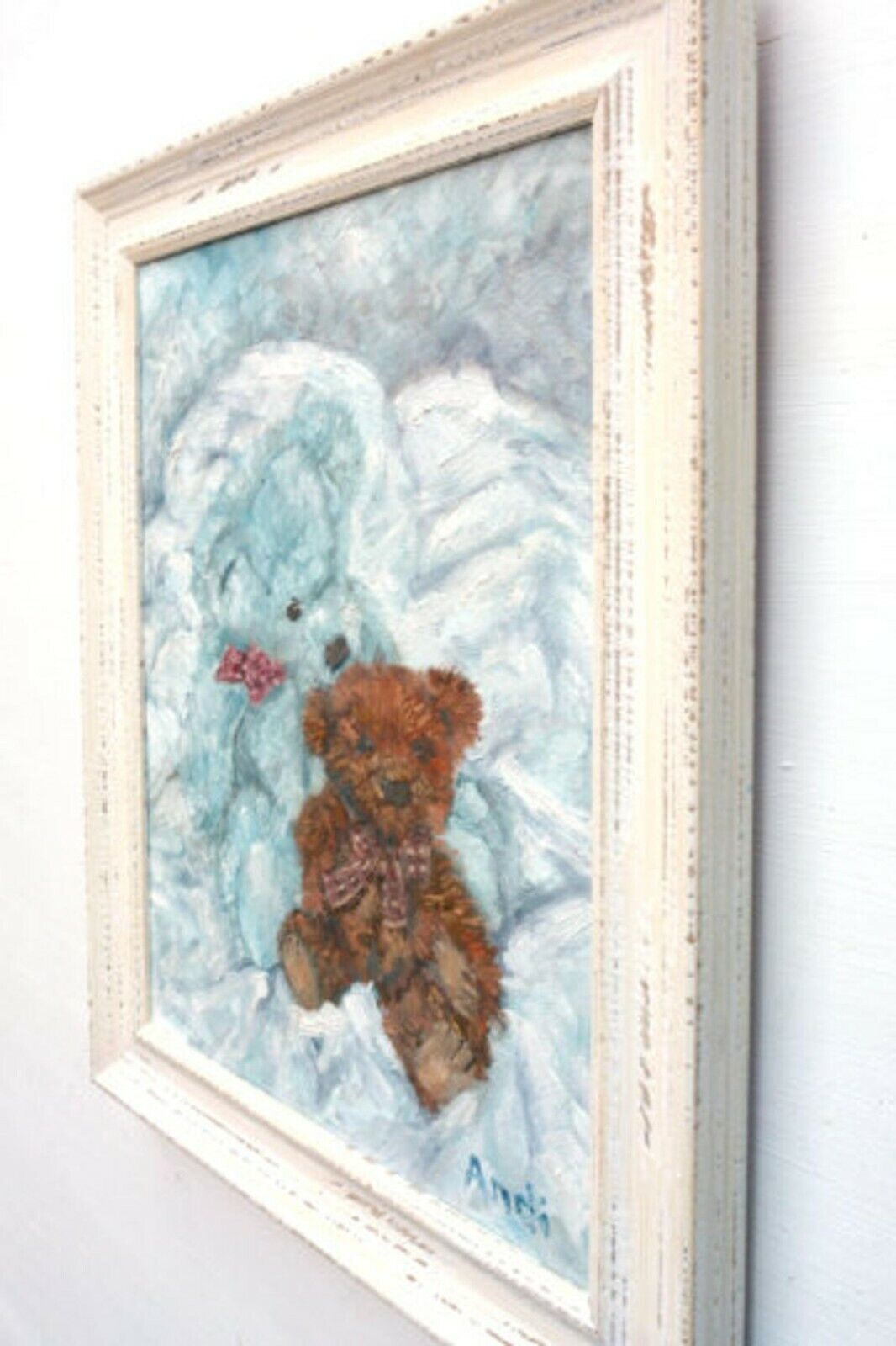 Original Framed Oil Painting Pale Blue & Brown Teddy Bears Teddies Andi J Lucas photo buy