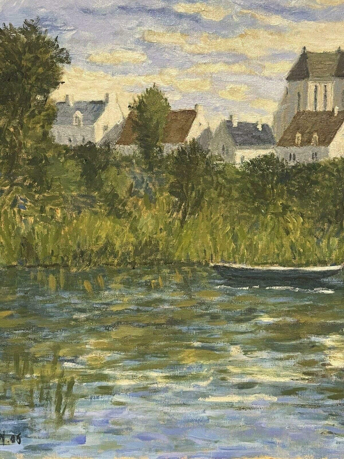 French Schoolsigned French Impressionist Oil River Landscape & Buildings Beautifully Tranquil photo for sale