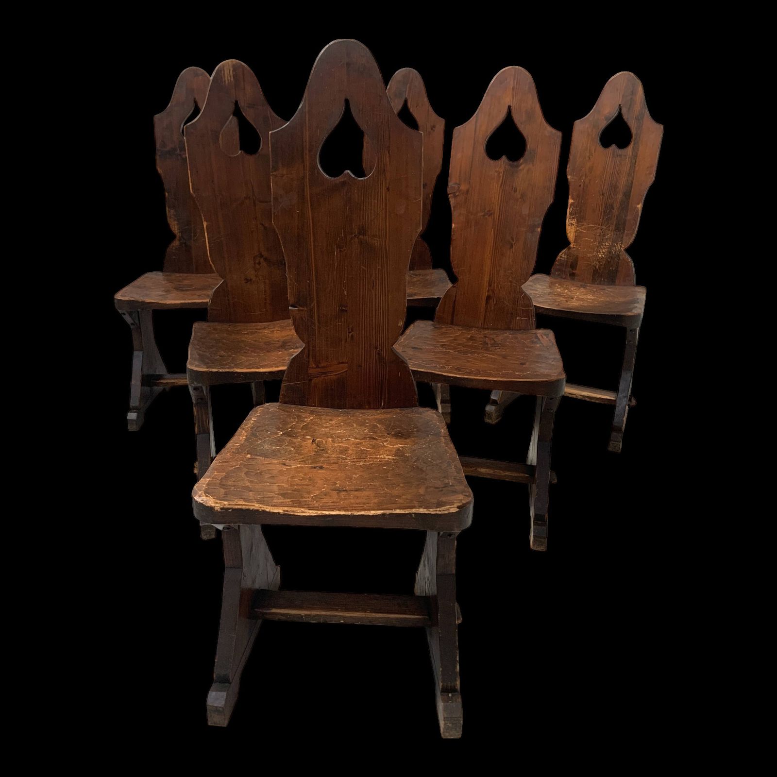 Set Of Six Natural Wood Chairs "Brutalist Art" 20th Century
