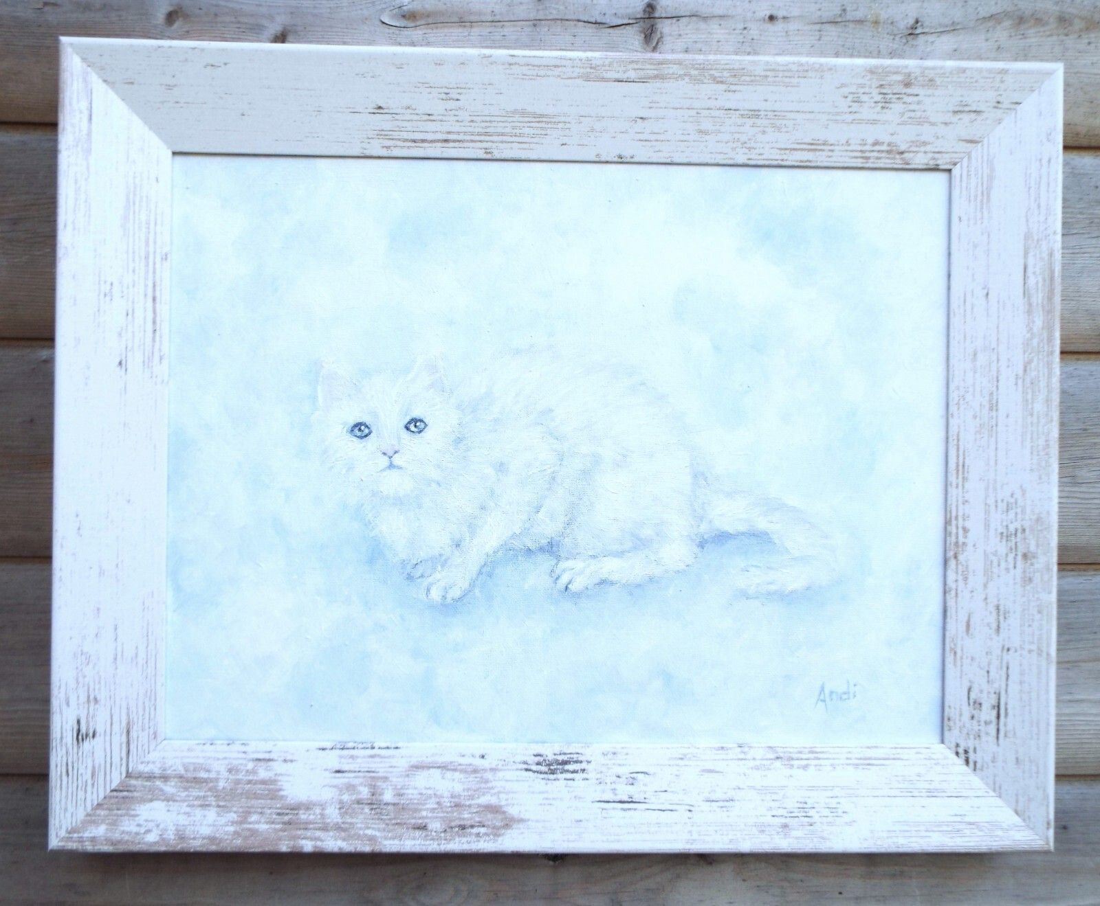 White Cloud Cat  Original Painting Unique 39cm X 49cm  Andi J Lucas