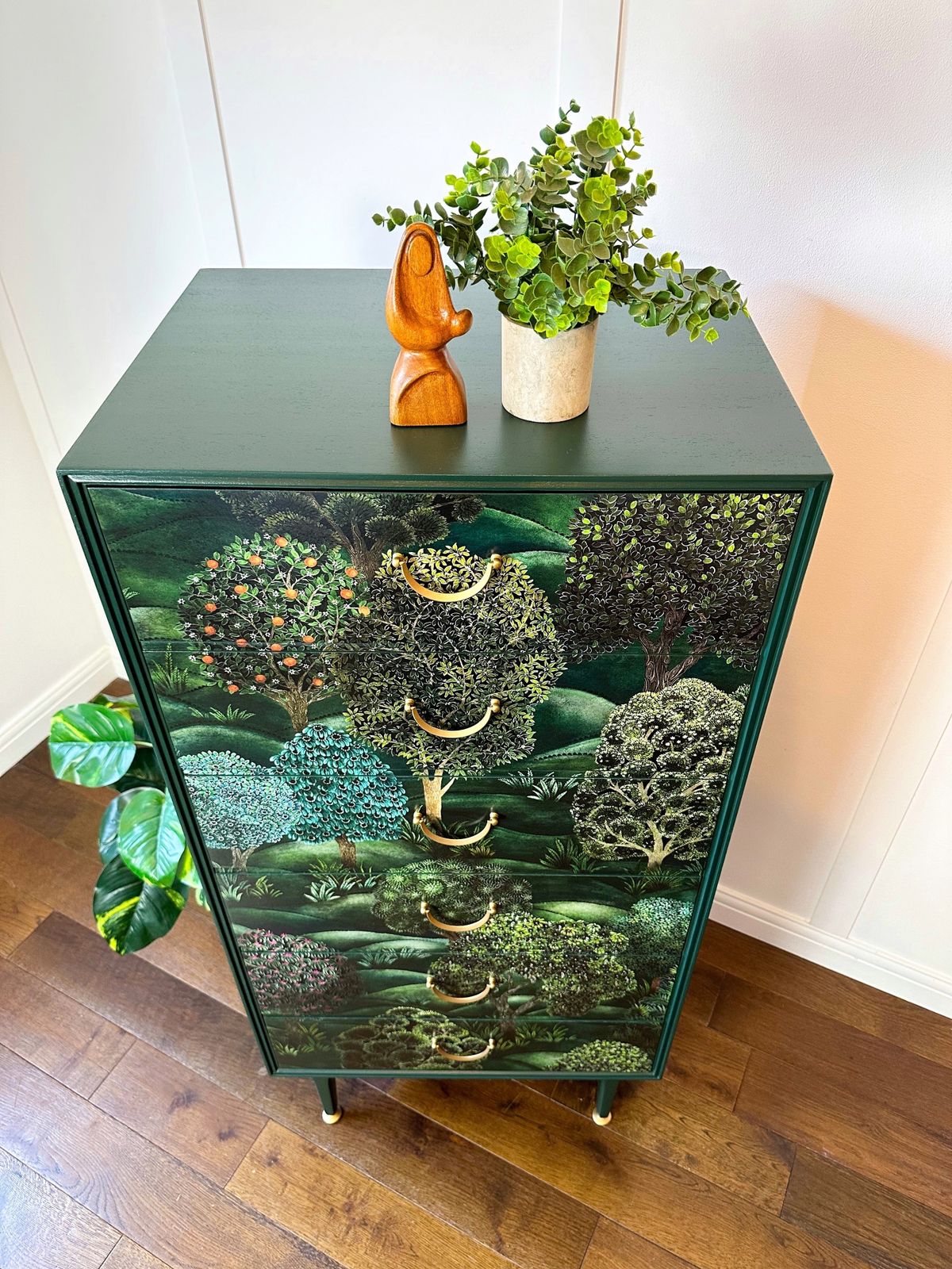 Made To Order Cole & Son Forest Vintage Mid Century Chest Of Drawers, Green Storage Tallboy photo for sale