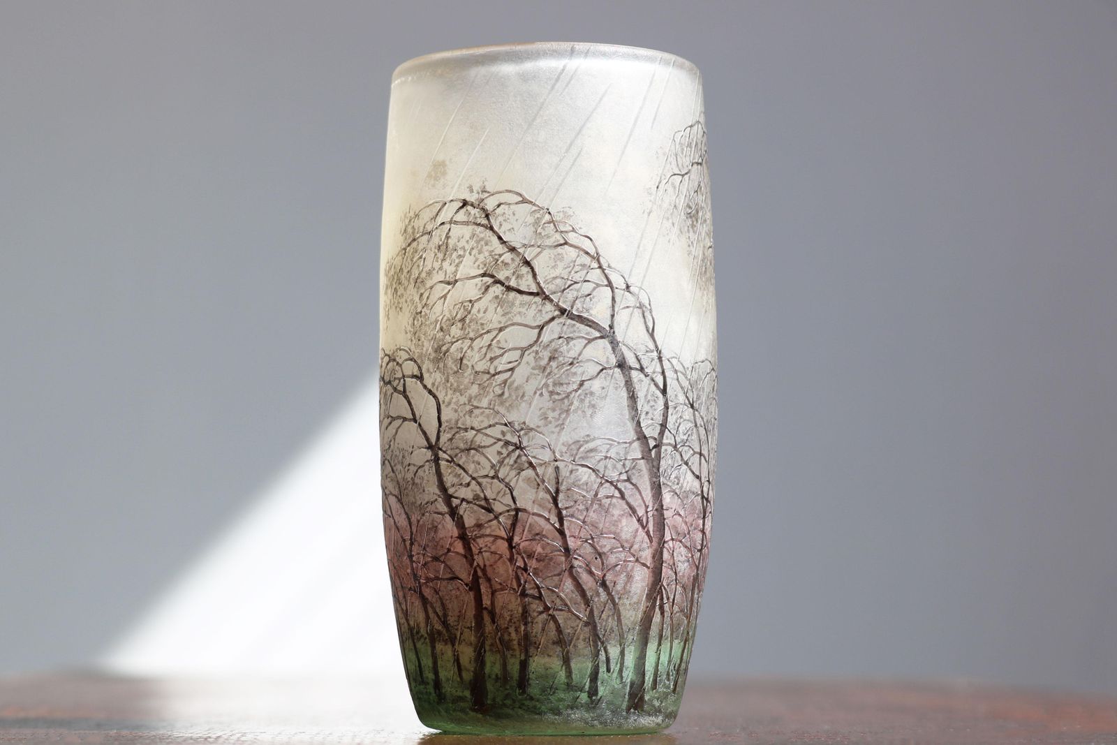 Cameo Etched & Enameled Glass Vase 'Paysage De Pluie' By Daum Freres Rain Scene photo vintage