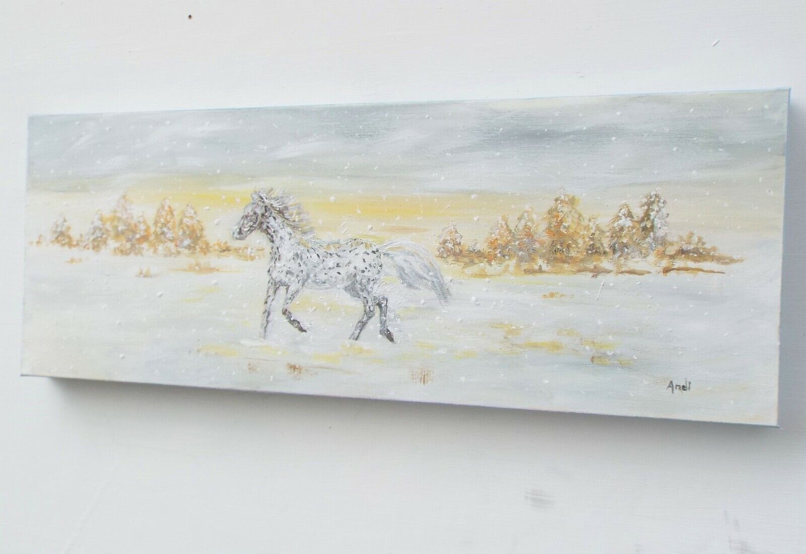 Original Painting Canvas Dappled Horse Winter Landscape Snow Scene Andi J Lucas photo furniture