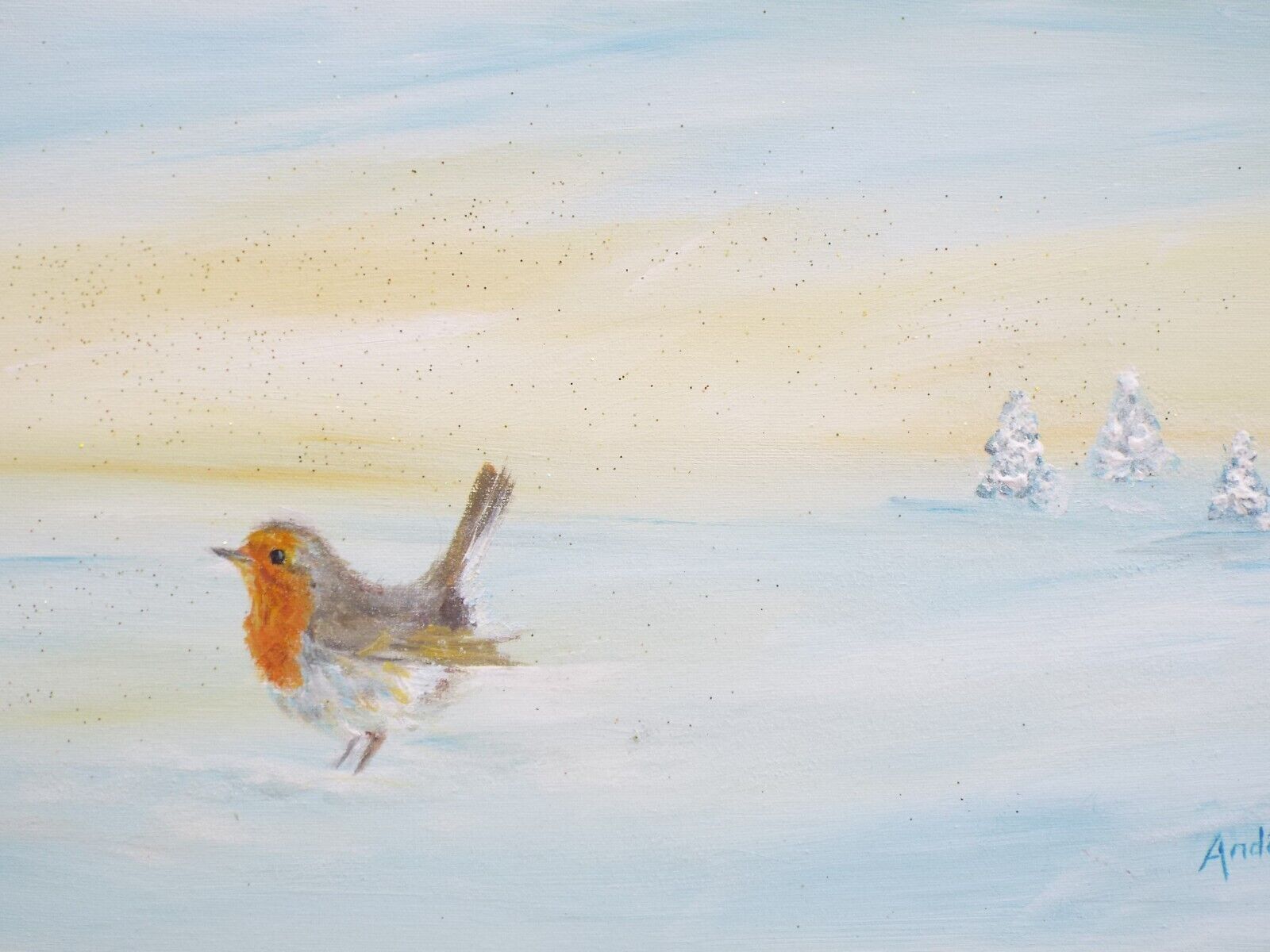 Original Signed Painting Robin Winter Landscape Snow Scene 30x80cm Andi J Lucas photo vinterior