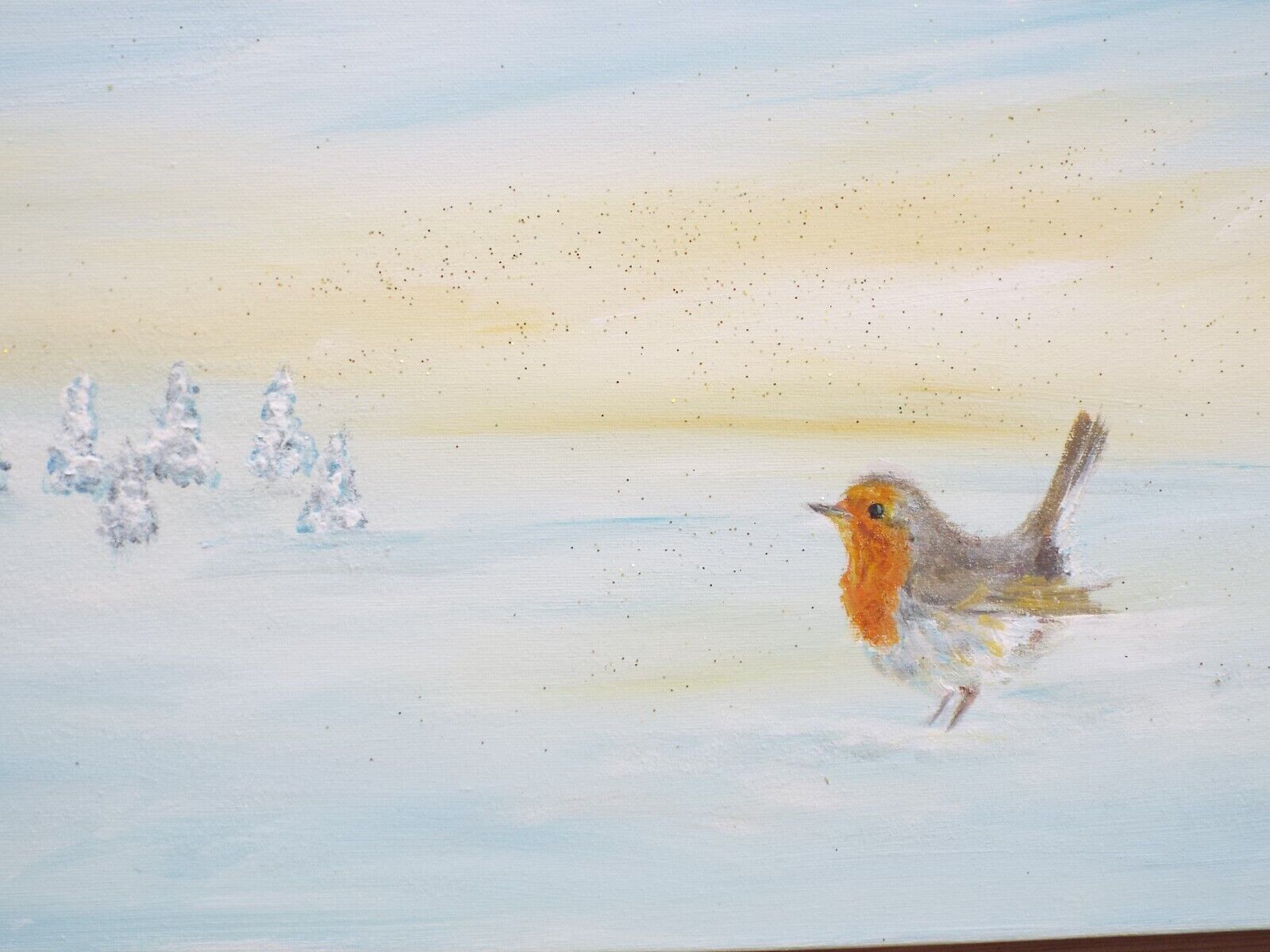Original Signed Painting Robin Winter Landscape Snow Scene 30x80cm Andi J Lucas photo buy