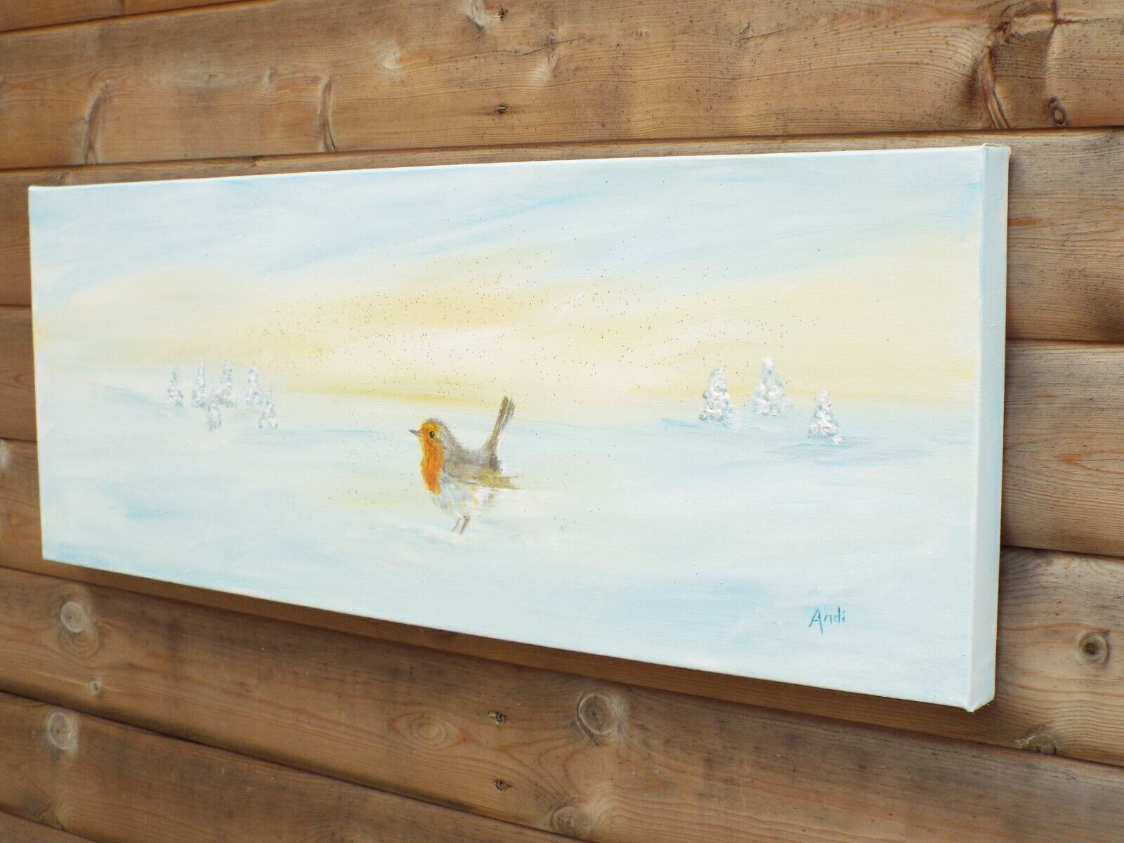 Original Signed Painting Robin Winter Landscape Snow Scene 30x80cm Andi J Lucas photo vintage