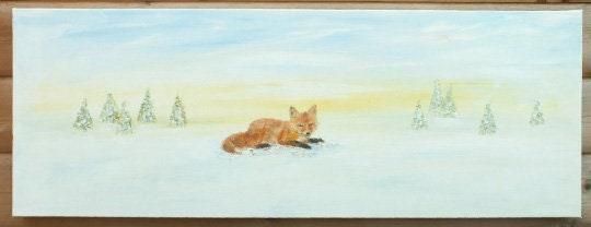Original Signed Painting Fox Winter Landscape Snow Scene 30x80cm Andi J Lucas