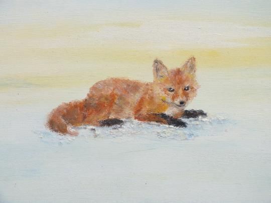 Original Signed Painting Fox Winter Landscape Snow Scene 30x80cm Andi J Lucas photo Art