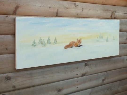 Original Signed Painting Fox Winter Landscape Snow Scene 30x80cm Andi J Lucas photo buy