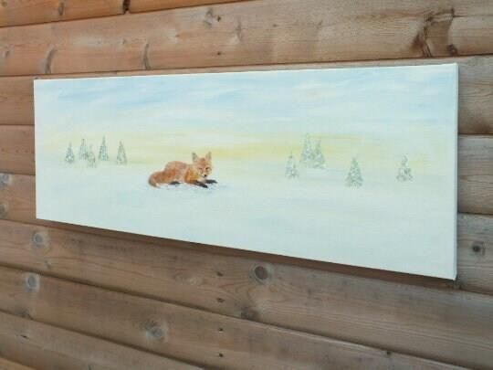 Original Signed Painting Fox Winter Landscape Snow Scene 30x80cm Andi J Lucas photo vintage