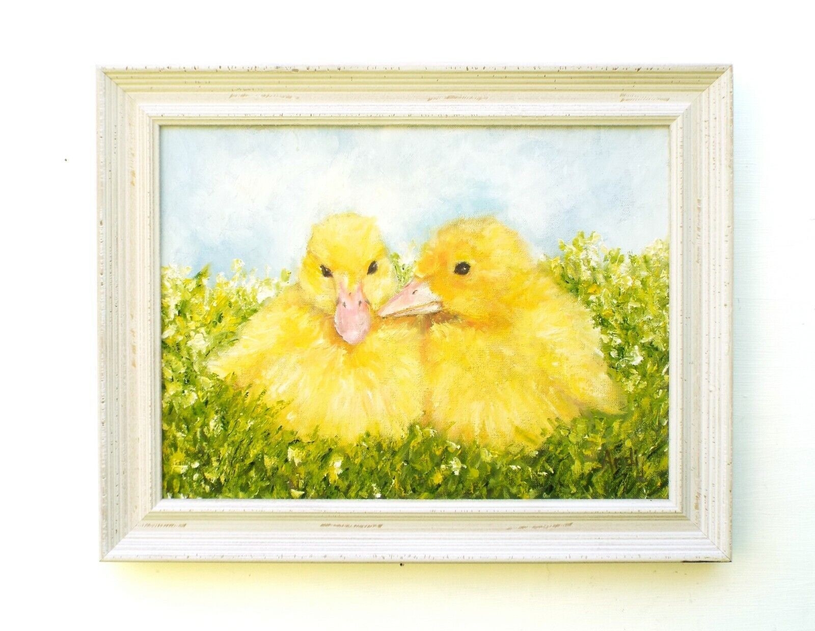 Yellow Ducklings Ducks Farmyard Original Oil Painting Signed Framed Andi J Lucas