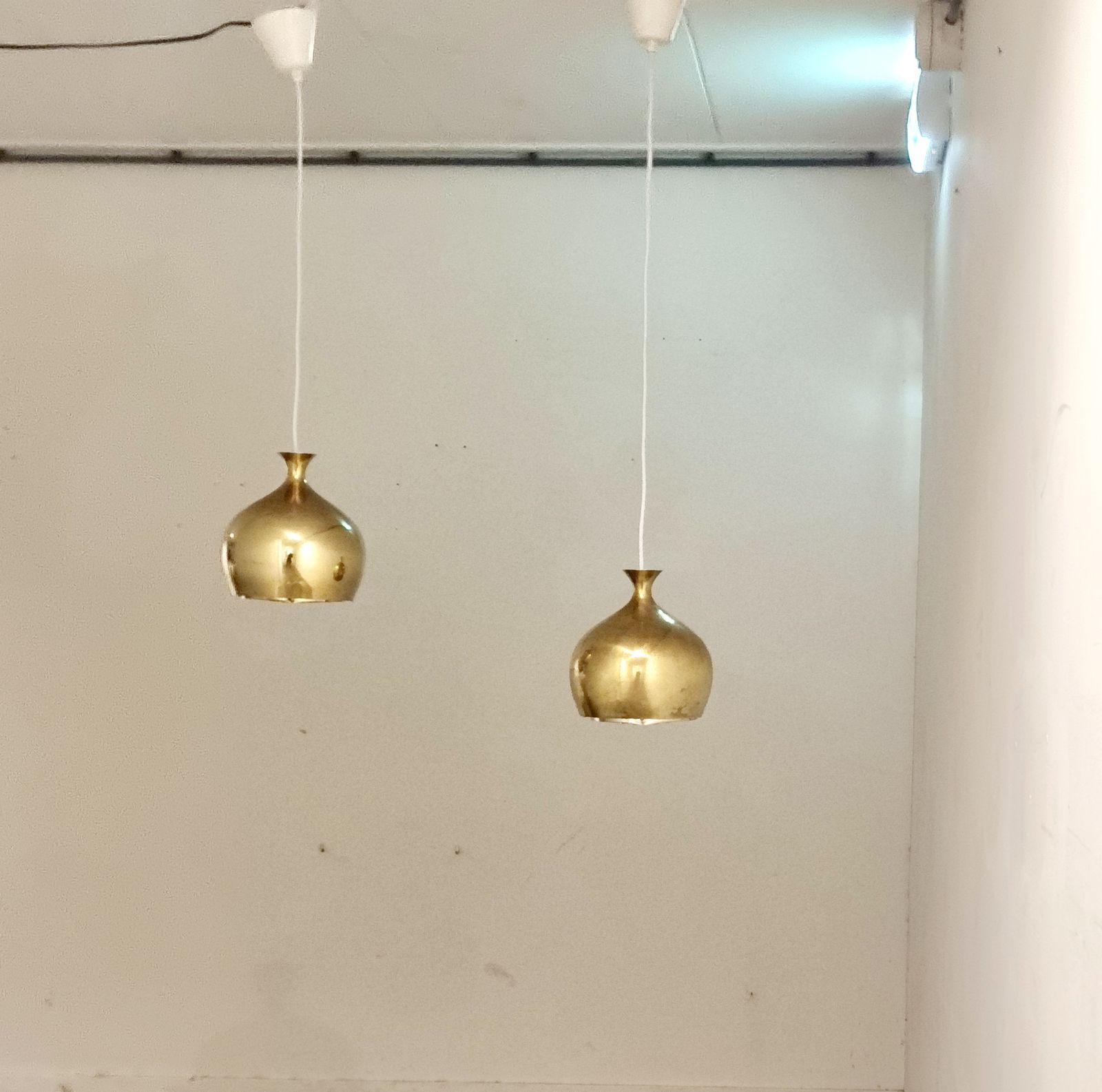Set Of Two Elegant Brass Pendant Lamps Löken By Helge Zimdal For Falkenbergs Sweden 1960s photo 1531.0