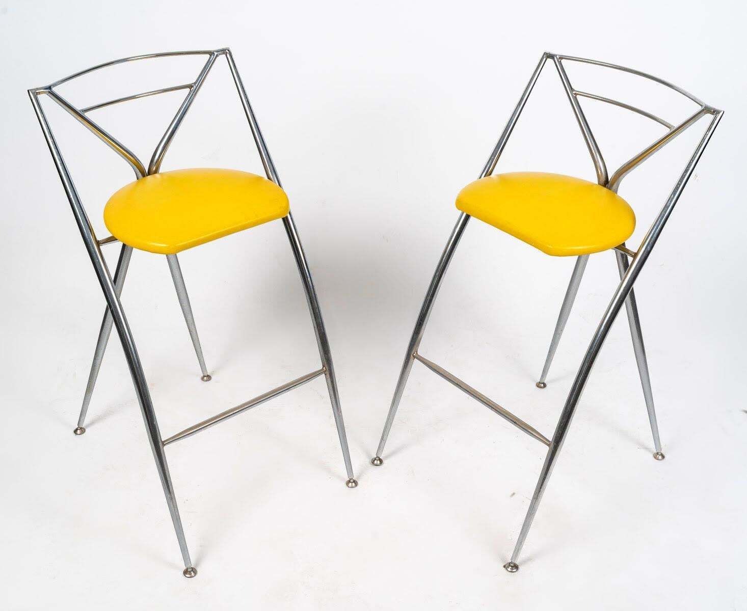 Pair Of 1980s Design Stools In Chromed Metal And Skai. photo for sale