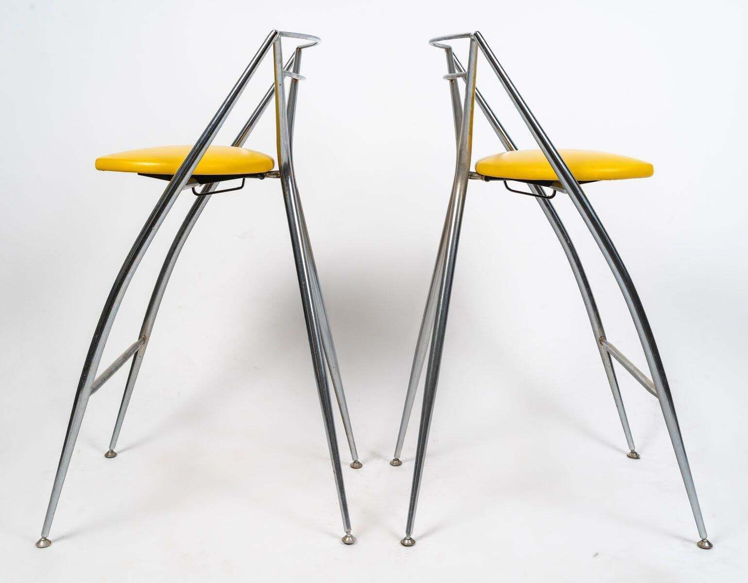 Pair Of 1980s Design Stools In Chromed Metal And Skai. photo vinterior