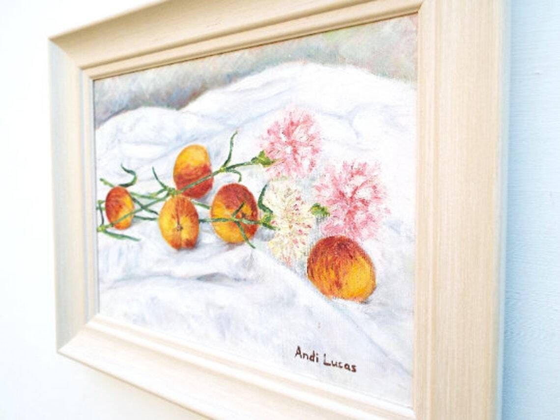 Peaches And Pink Carnations Still Life Framed Oil Painting Signed Original Still Life Oil Painting Fruit Flowers Oil Painting Andi J Lucas photo 345.0