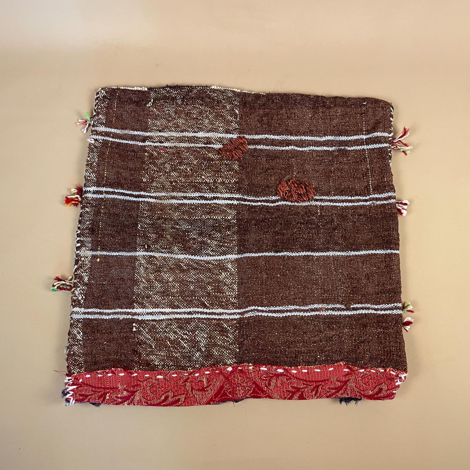 Antique Kilim Cushion Moroccan Rug Carpet Bolster Pillow Handwoven Handmade Woven Traditional Mat Fabric 48x46cm Scatter Vintage Old photo vintage