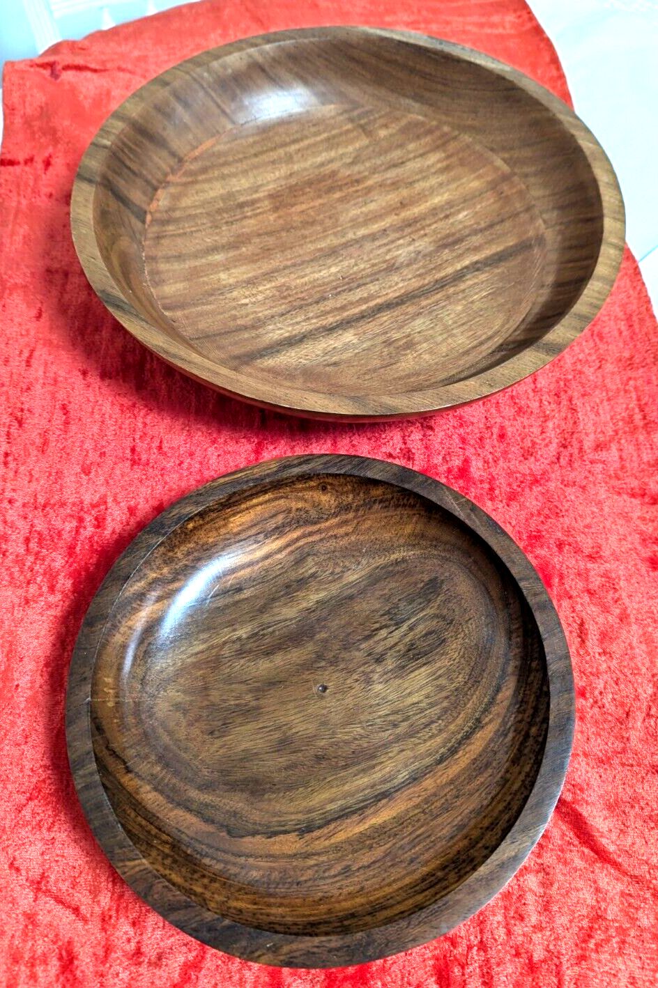 Pair Of Unused Retro Polished Wooden Teak Hand Turned Bowls Fruit Nuts Snacks 30cm Diameter photo furniture