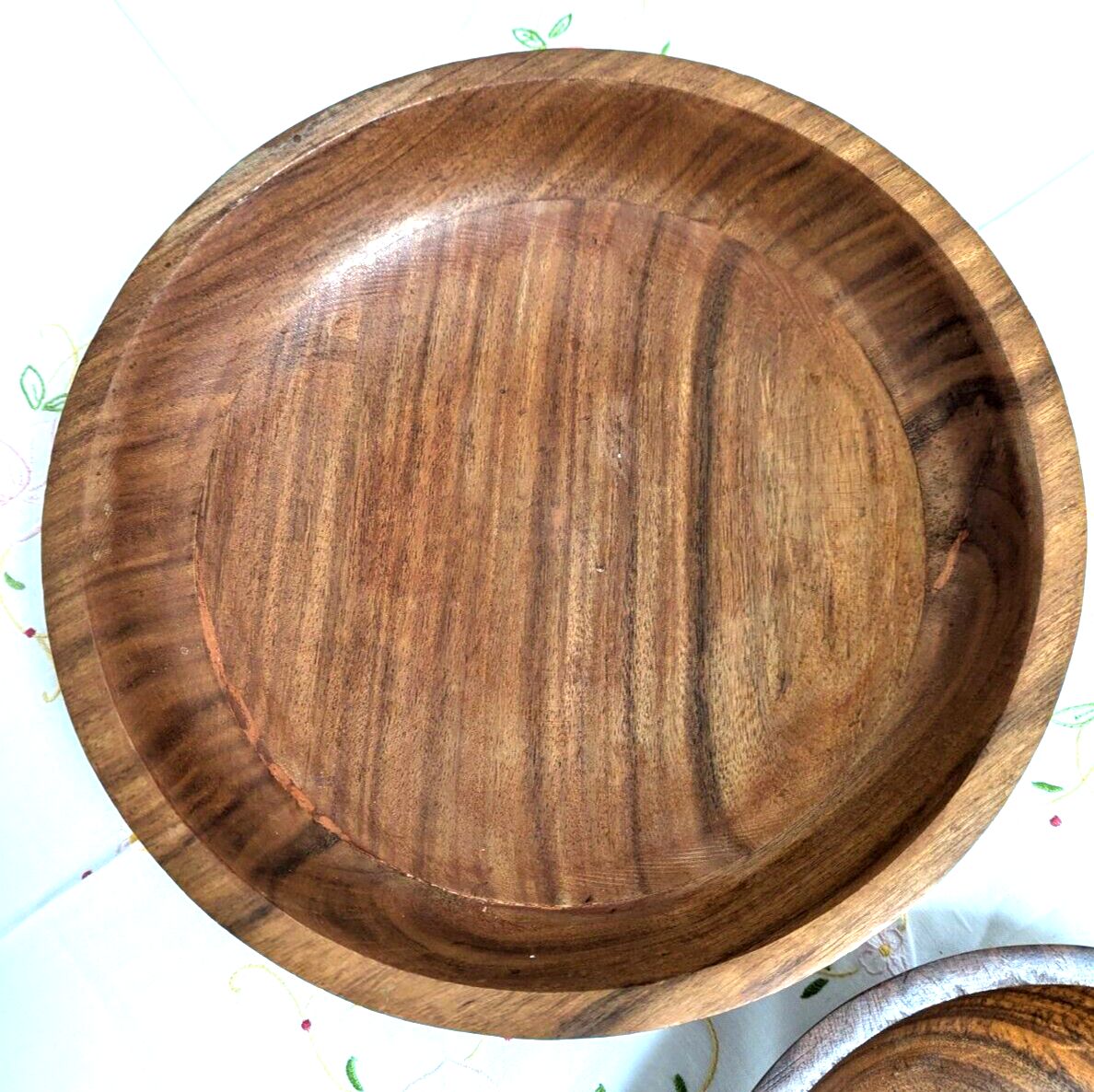 Pair Of Unused Retro Polished Wooden Teak Hand Turned Bowls Fruit Nuts Snacks 30cm Diameter photo for sale