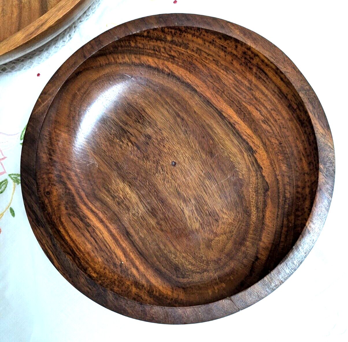 Pair Of Unused Retro Polished Wooden Teak Hand Turned Bowls Fruit Nuts Snacks 30cm Diameter photo Home Decor
