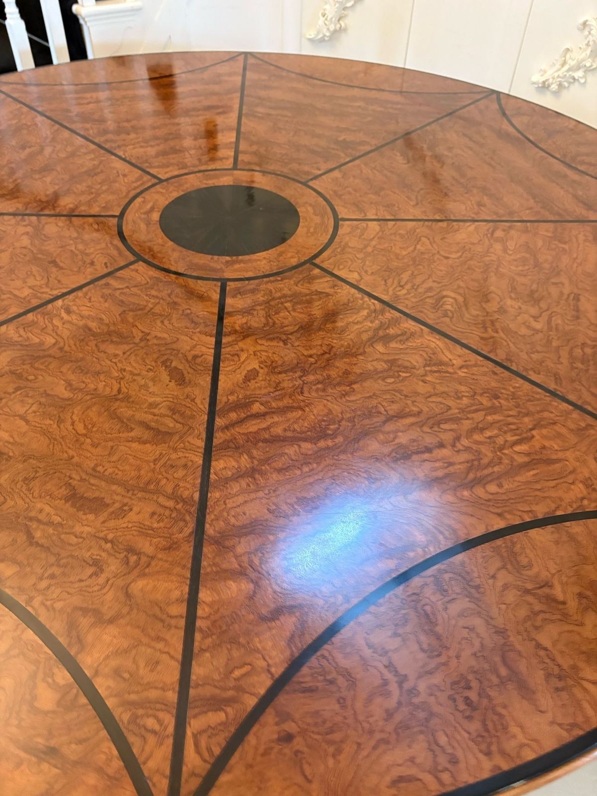 Magnificent Quality Large Antique Burr Pollard Oak And Ebony Inlaid Round Dining Table photo Furniture