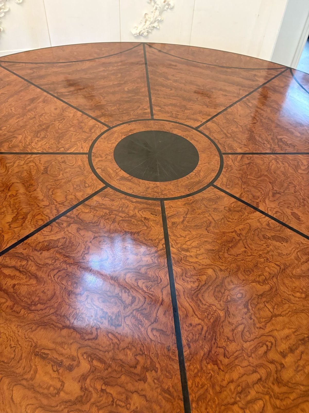 photo buy Magnificent Quality Large Antique Burr Pollard Oak And Ebony Inlaid Round Dining Table