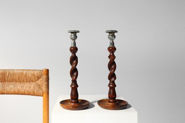 French Barley Twist Candlesticks In Wood With Silver Plated Bobeches, 1850, Set Of 2 photo vinterior